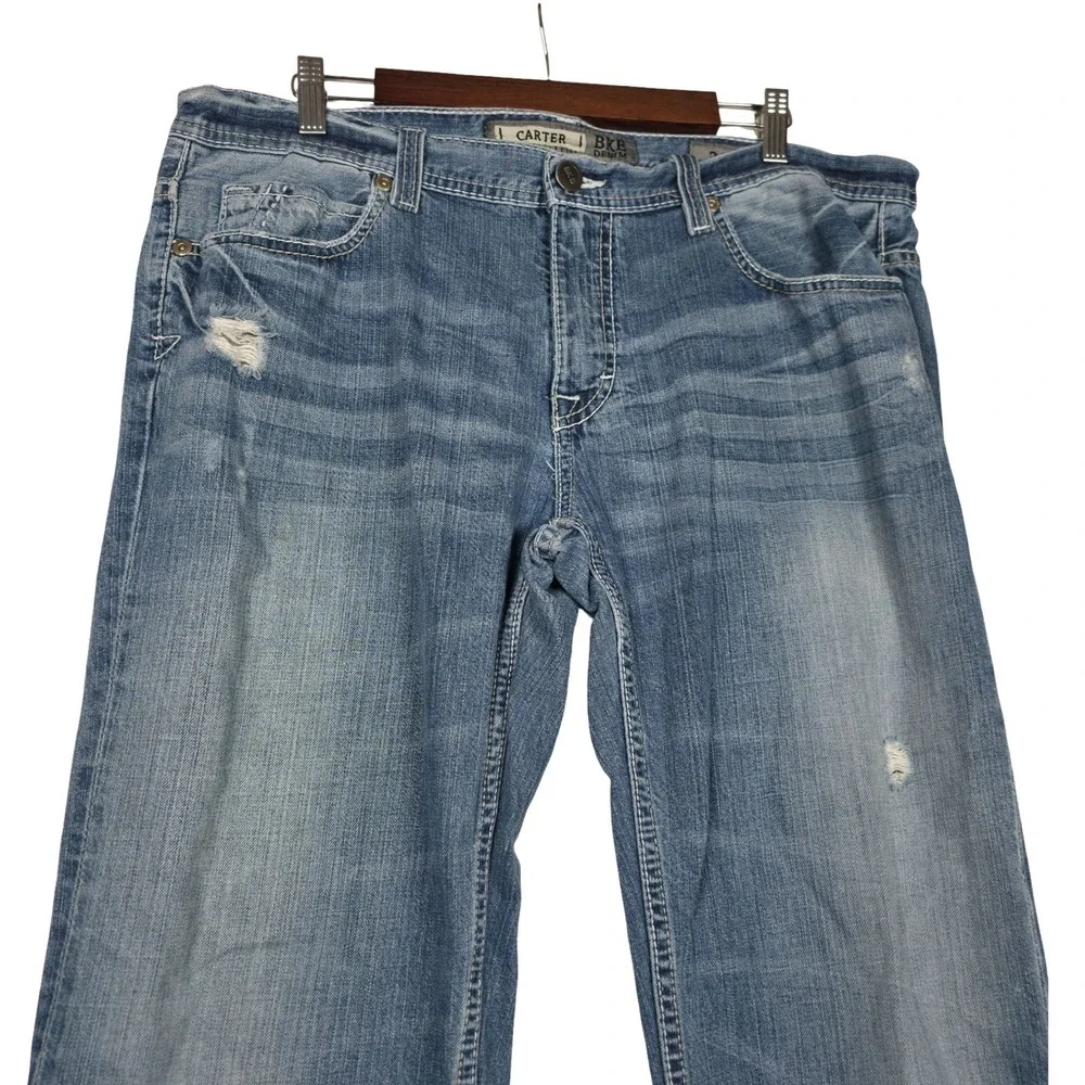 BKE Carter Straight Leg Mens Jeans 36R Medium Wash Thick Stitch Distressed Denim